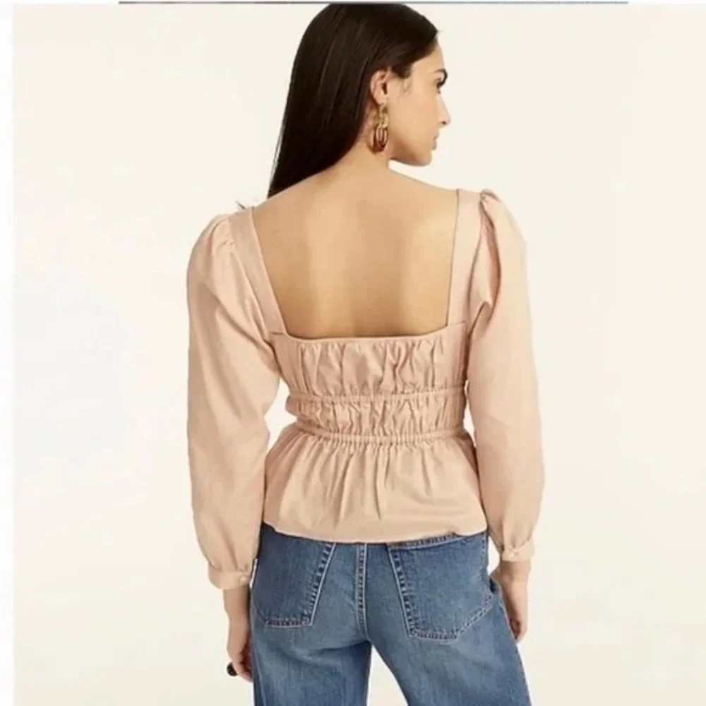 J. Crew Spring Chic Cinched Waist Top in Herringbone Cotton in Almond Biscotti‎